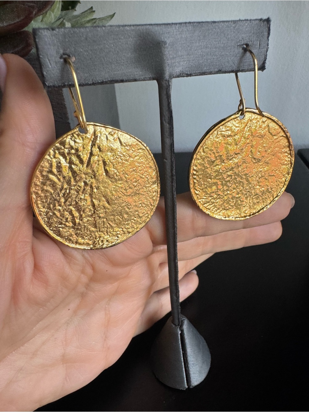 Gold Textured Disc / Coin Drop Earrings - Women Jewelry